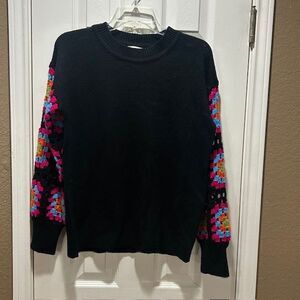 Jodifl Granny Square Festival Hippie Boho Cottage Artsy Black Sweater Sm LS